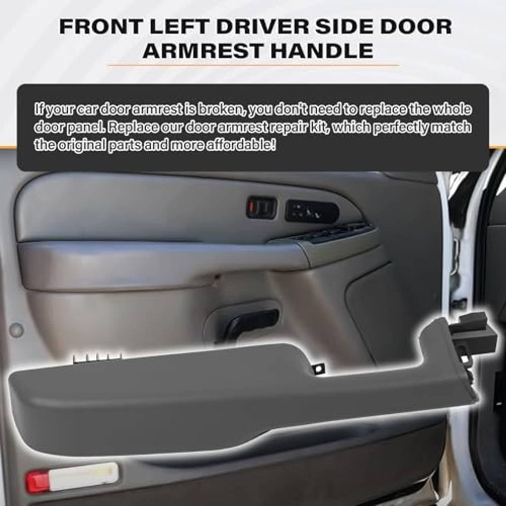 Front driver-side door armrest handle on gray interior door panel with switches