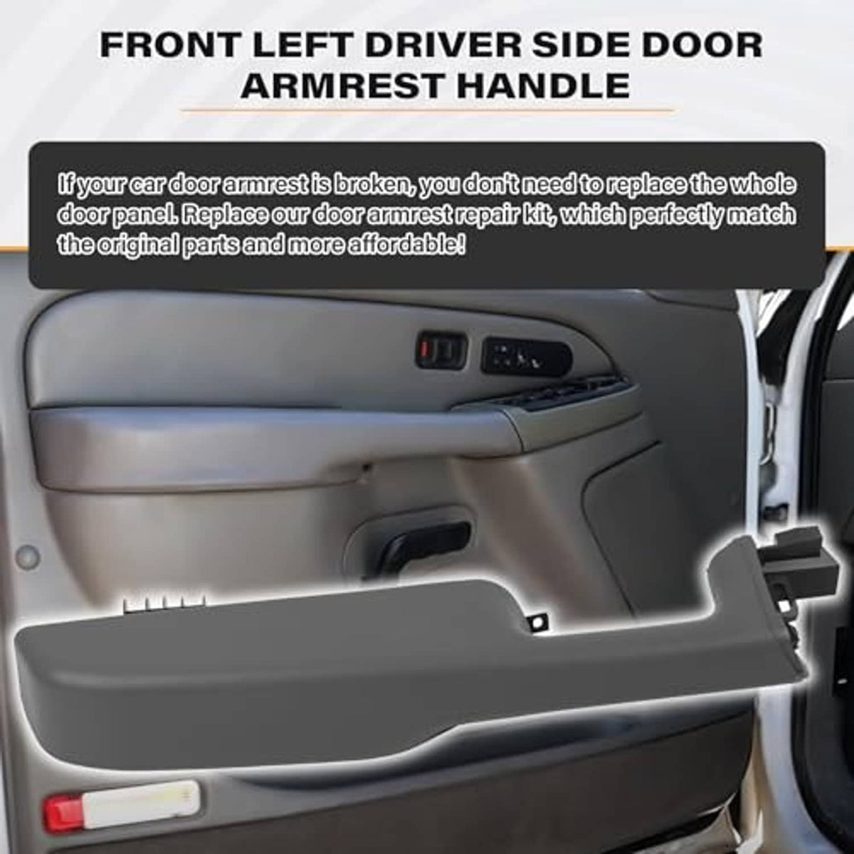 Front driver-side door armrest handle on gray interior door panel with switches