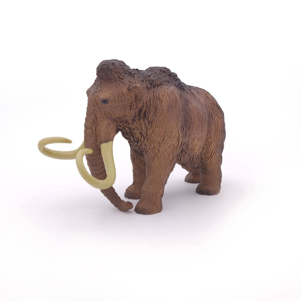 Woolly mammoth toy with ivory tusks, rear three-quarter angle