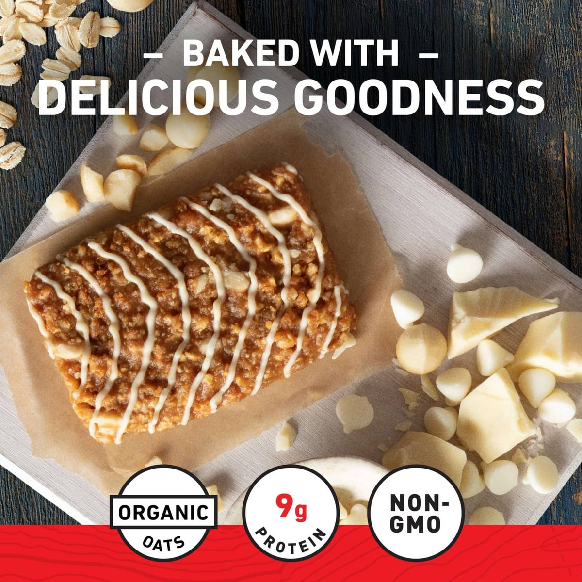 White chocolate macadamia energy bar on tray, organic, 9g protein, non-GMO