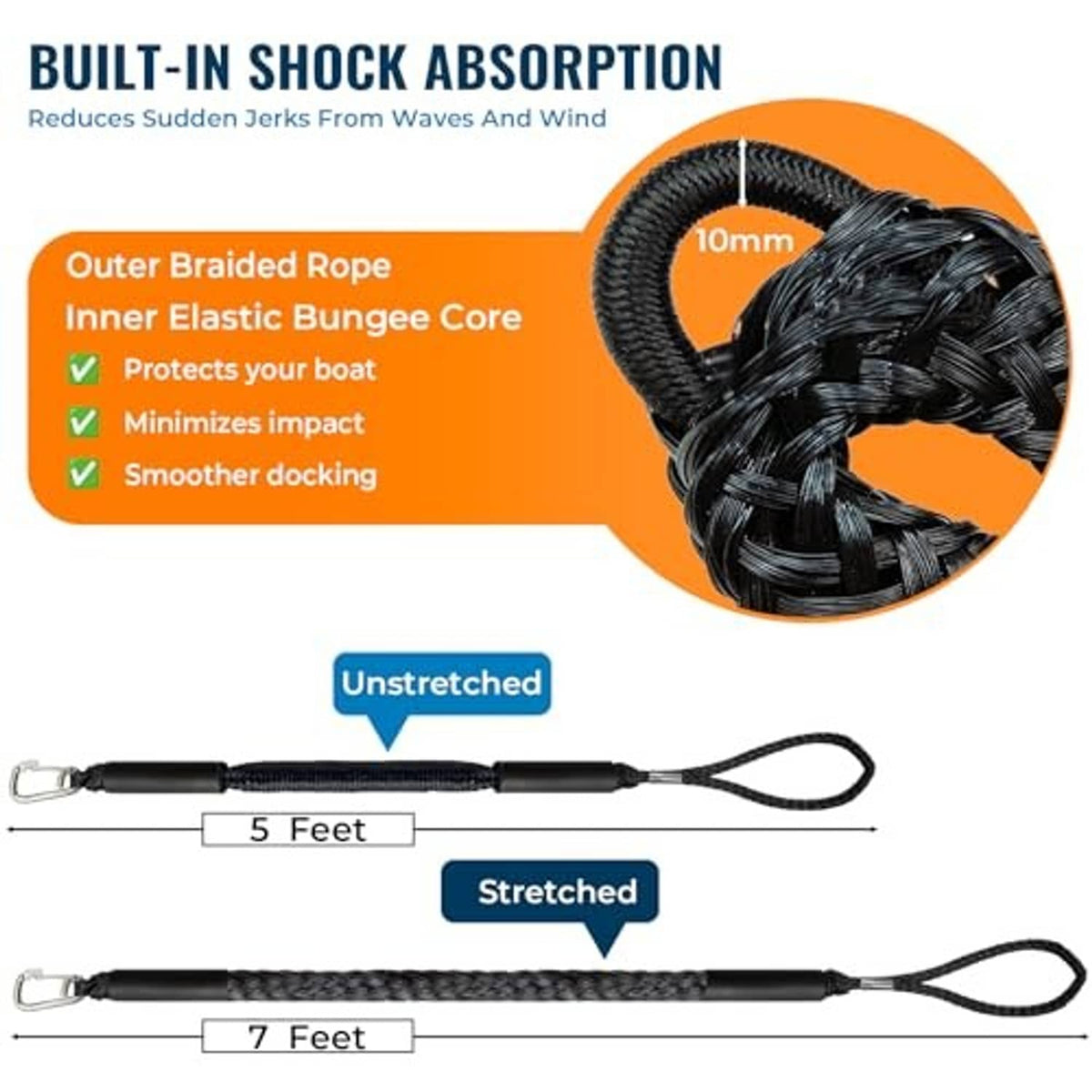 Black bungee boat line with braided outer rope and elastic core, loop ends