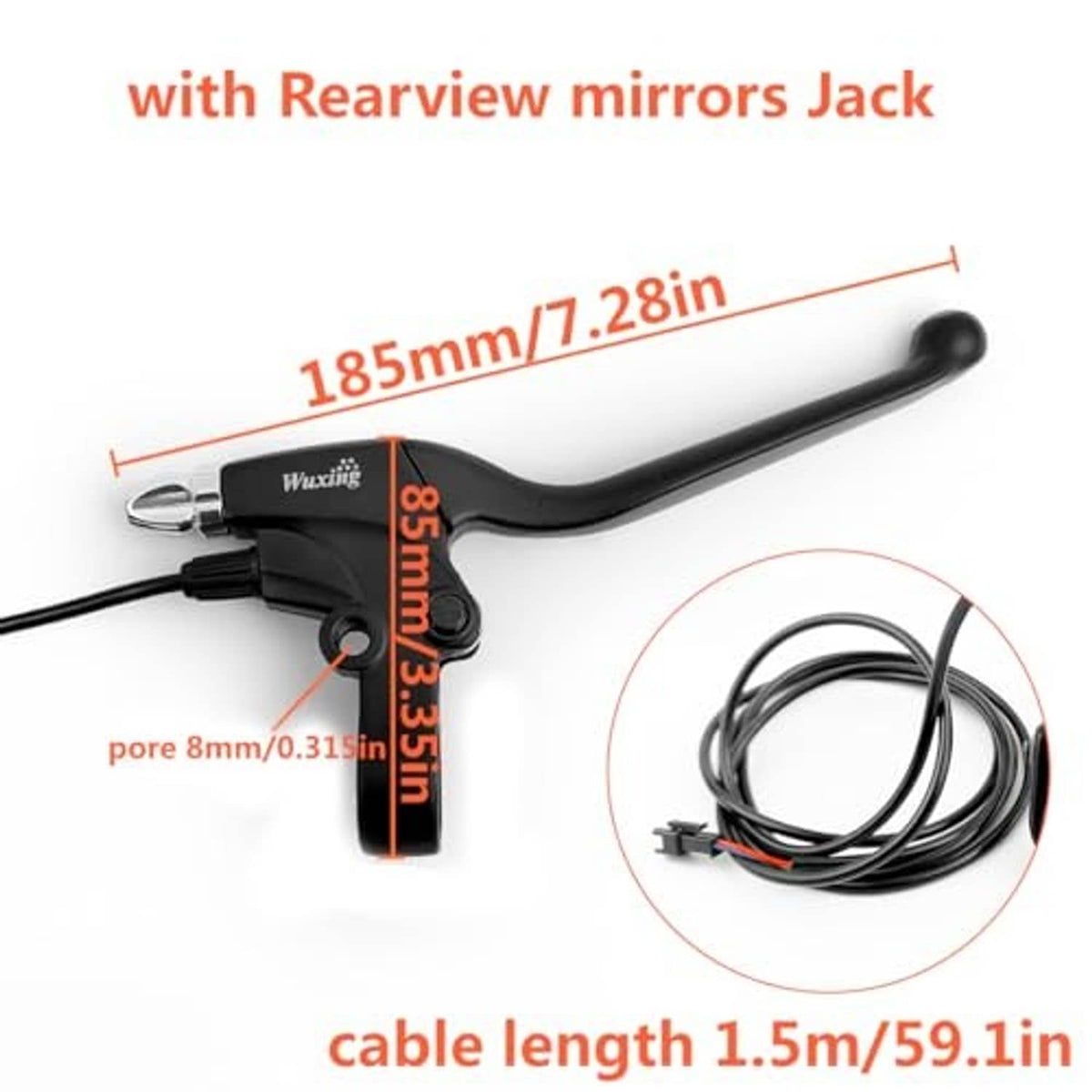 Black brake lever grip set showing lever size and included cable bundle