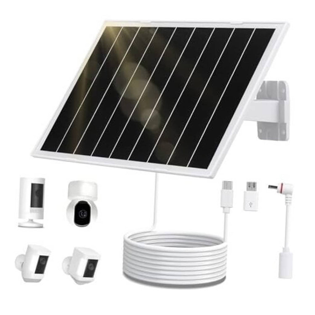 White 8W solar panel kit with wall mount bracket, security camera, and charging cables