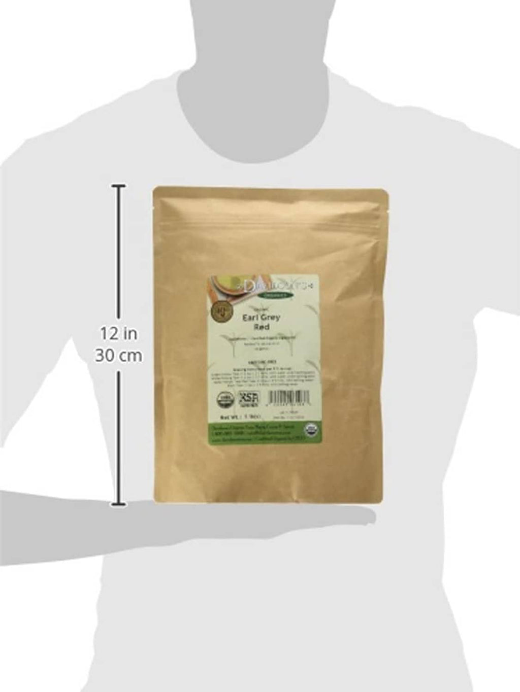 Davidson's Organic tea pouch on size guide, 12 in height shown