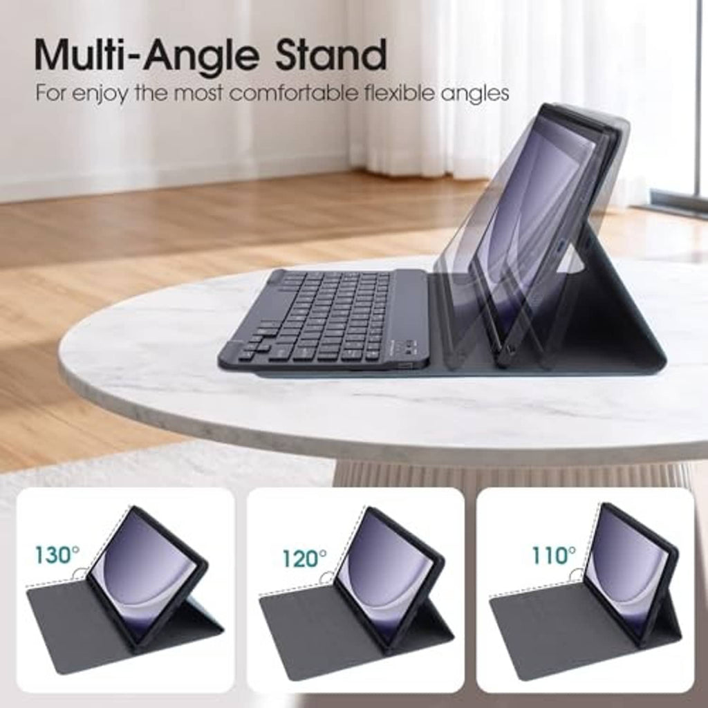Teal tablet case with keyboard and multi-angle stand for different viewing heights