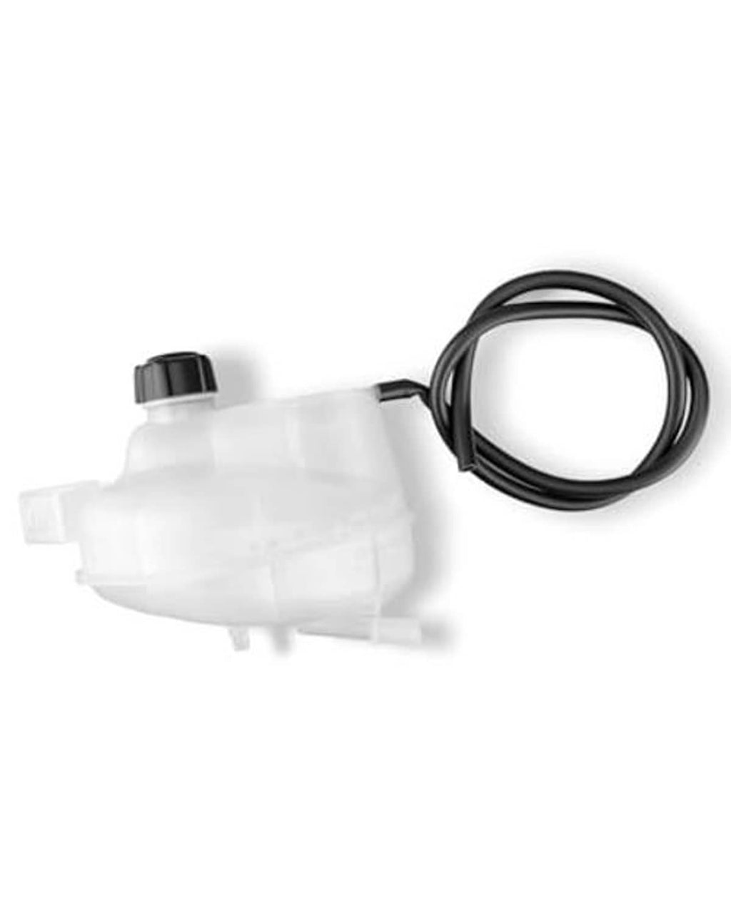 Engine coolant reservoir tank bottle with black cap and coiled hose line in white