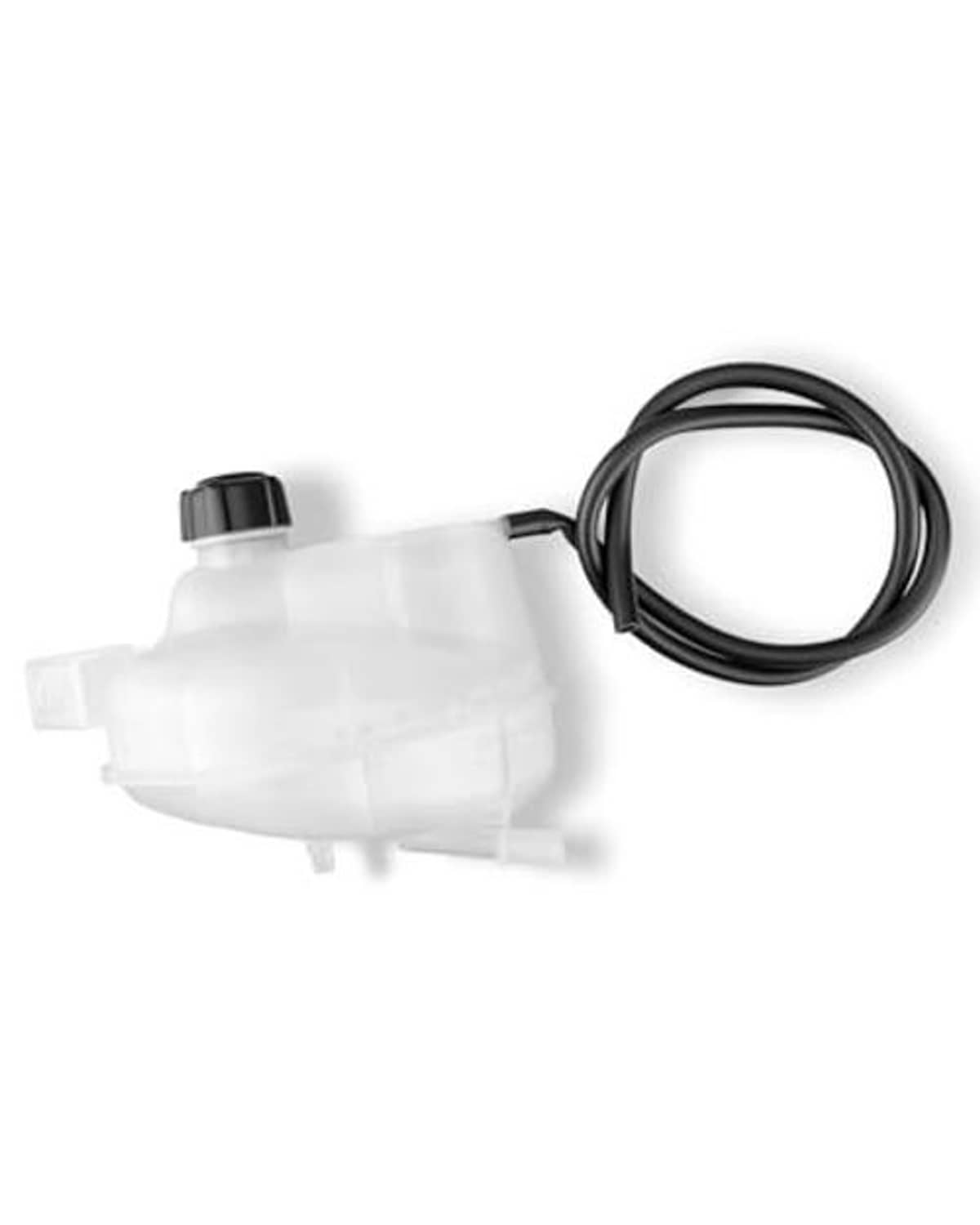 Engine coolant reservoir tank bottle with black cap and coiled hose line in white