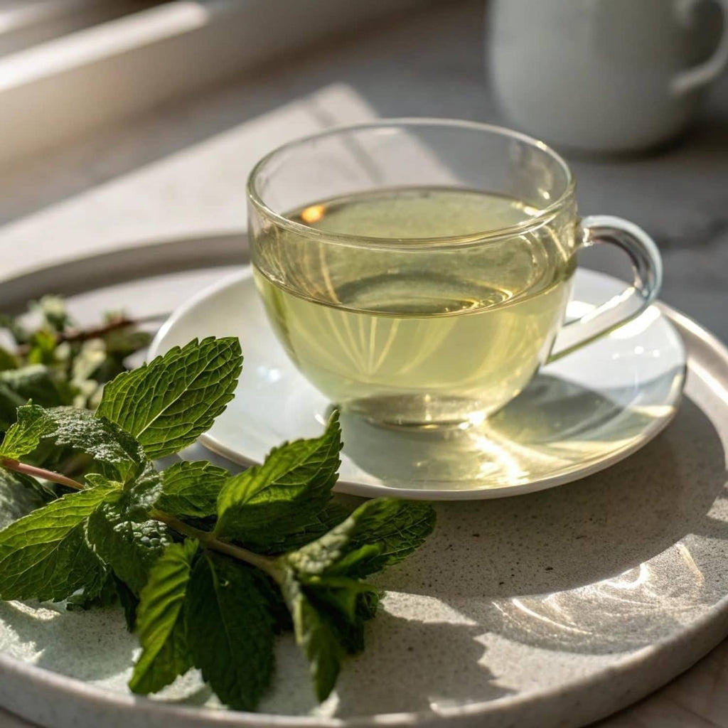 Glass cup of green tea on saucer with fresh mint leaves