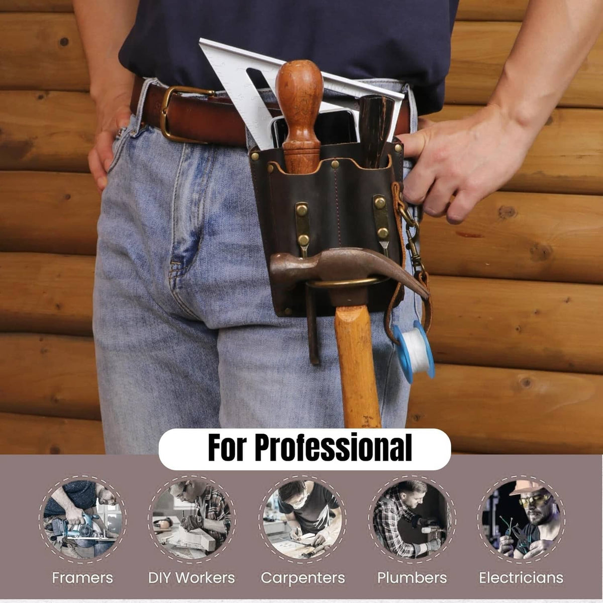 Brown leather tool holster pouch with tool loops and brass hardware, worn on belt