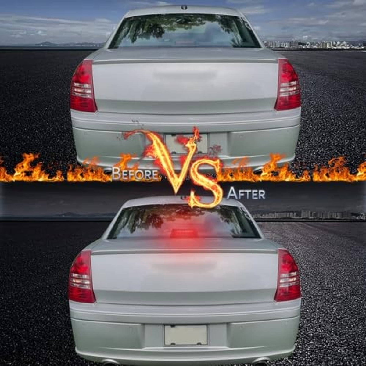 Glowing red LED third brake light with black housing and red lens