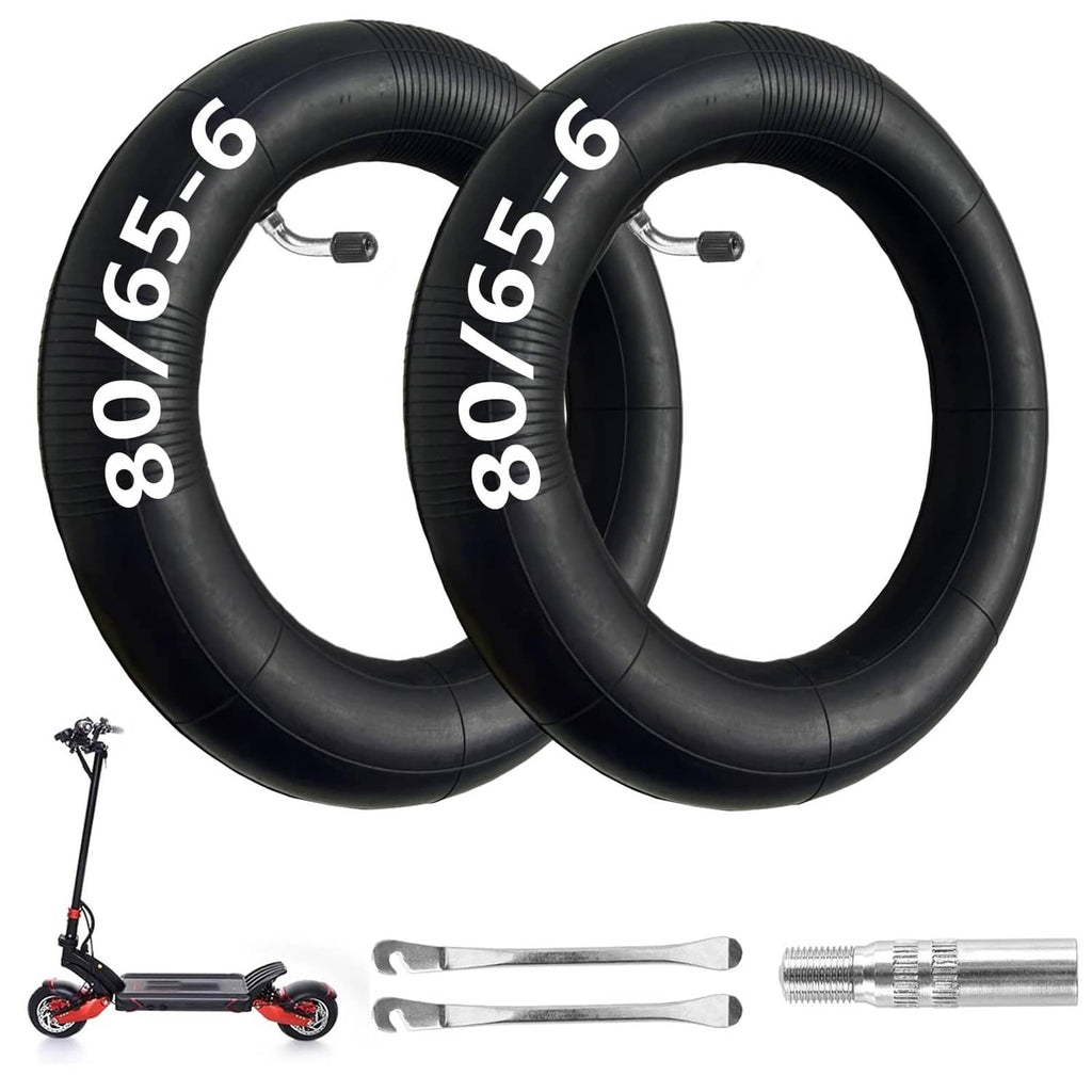 Two black scooter inner tubes, marked 80/65-6, with bent-mouth valve stems