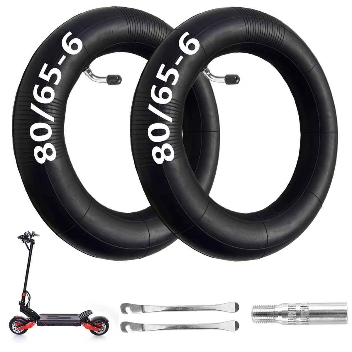 Two black scooter inner tubes, marked 80/65-6, with bent-mouth valve stems