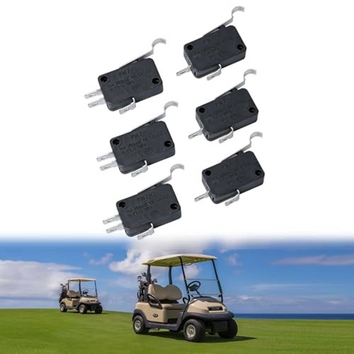 Pack of black micro switches with metal pins and curved actuator levers.
