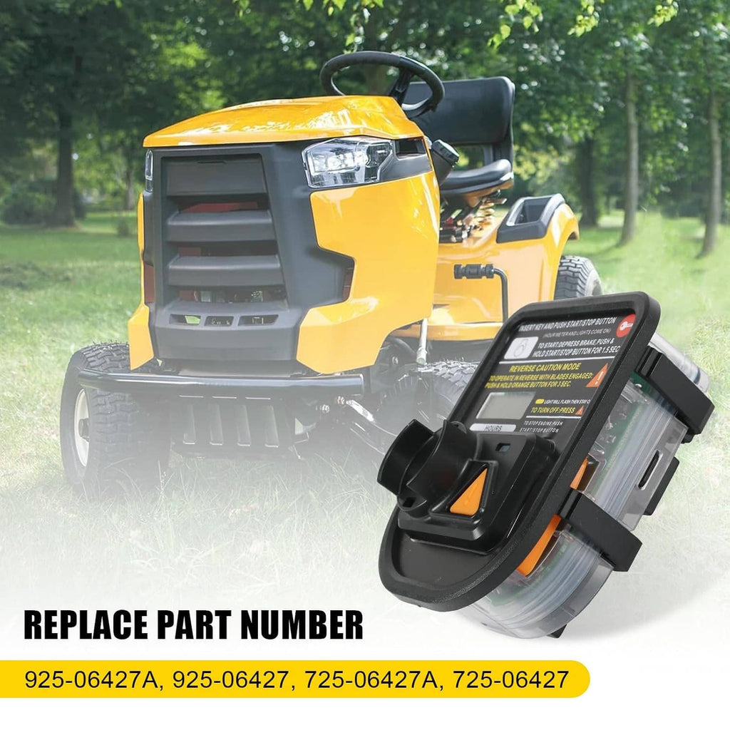Hour service meter module mounted on a yellow lawn tractor with front console