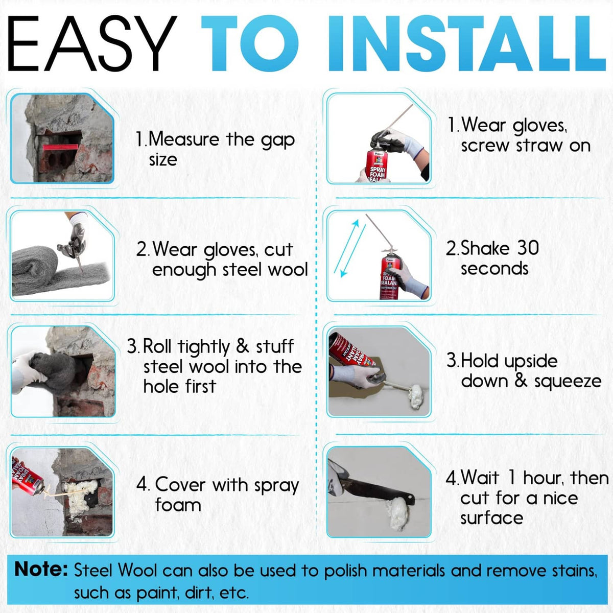 Rodent barrier kit installation steps using steel wool and red spray foam to seal gaps