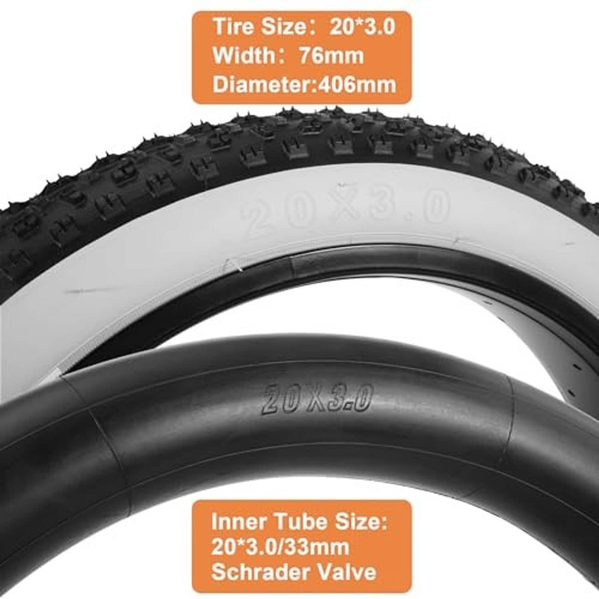 Close-up fat tire with white sidewall; shows 20x3.0 size and Schrader valve