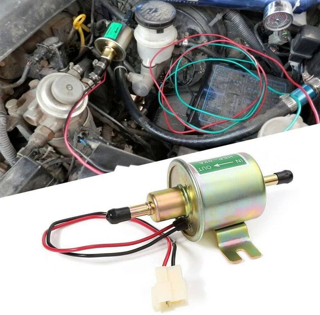 Inline electric fuel pump installed in an engine bay with connected wires