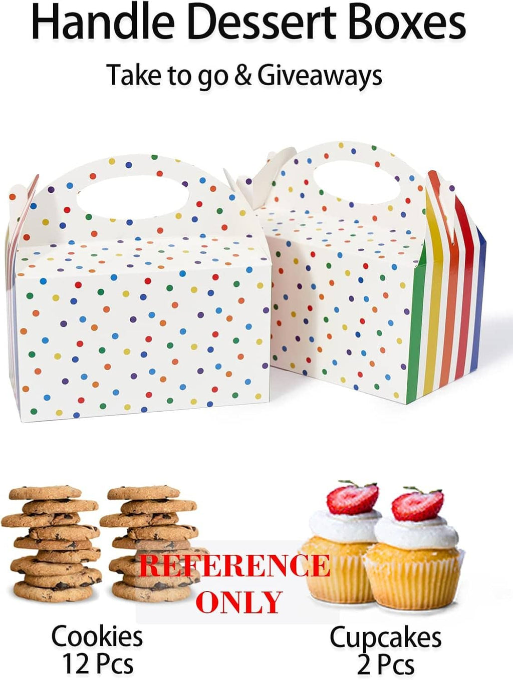 Kids dessert and treat boxes: polka dot tops with rainbow striped sides, shown as a pair.