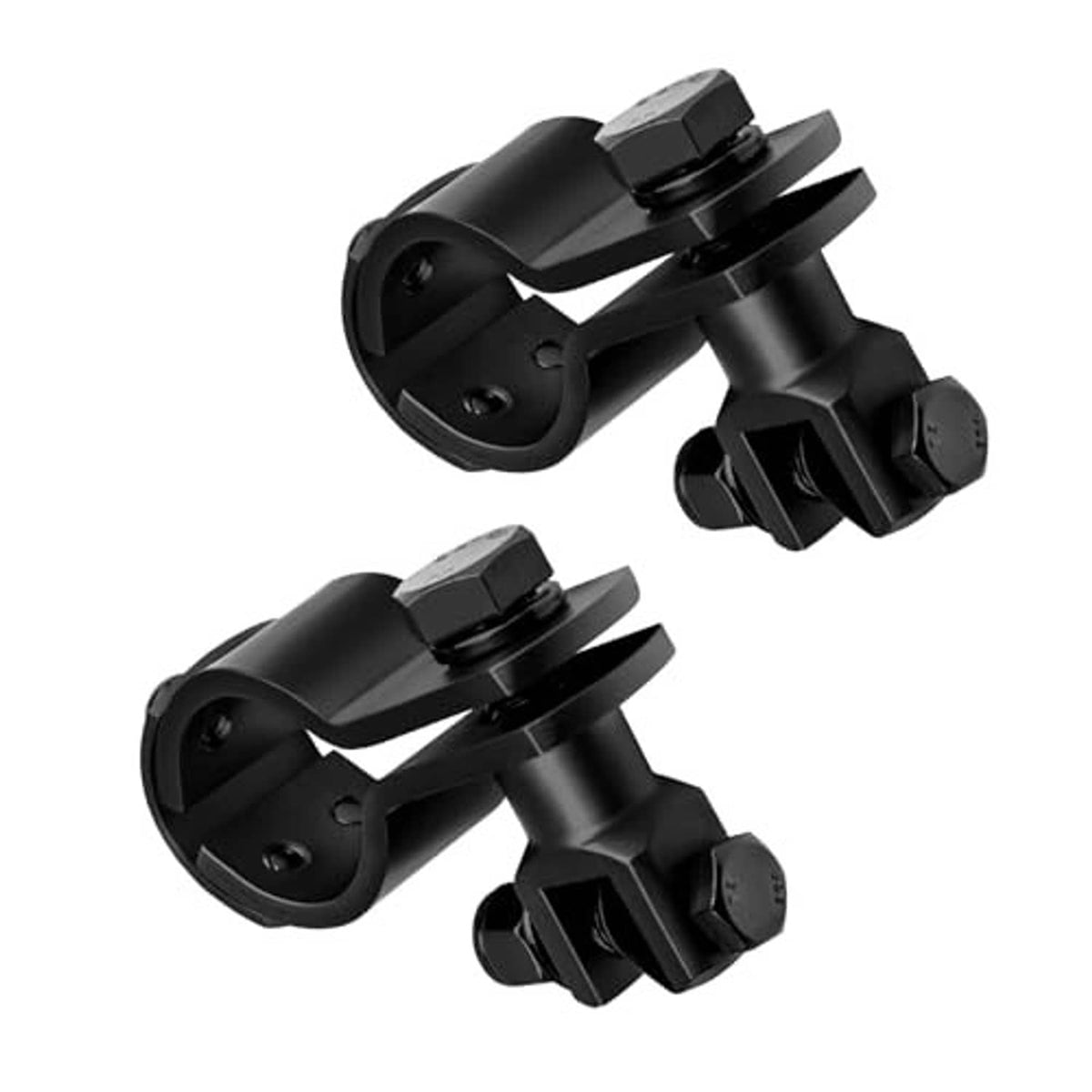 Black motorcycle footpeg clamp mounts with U-shaped rings and hex hardware