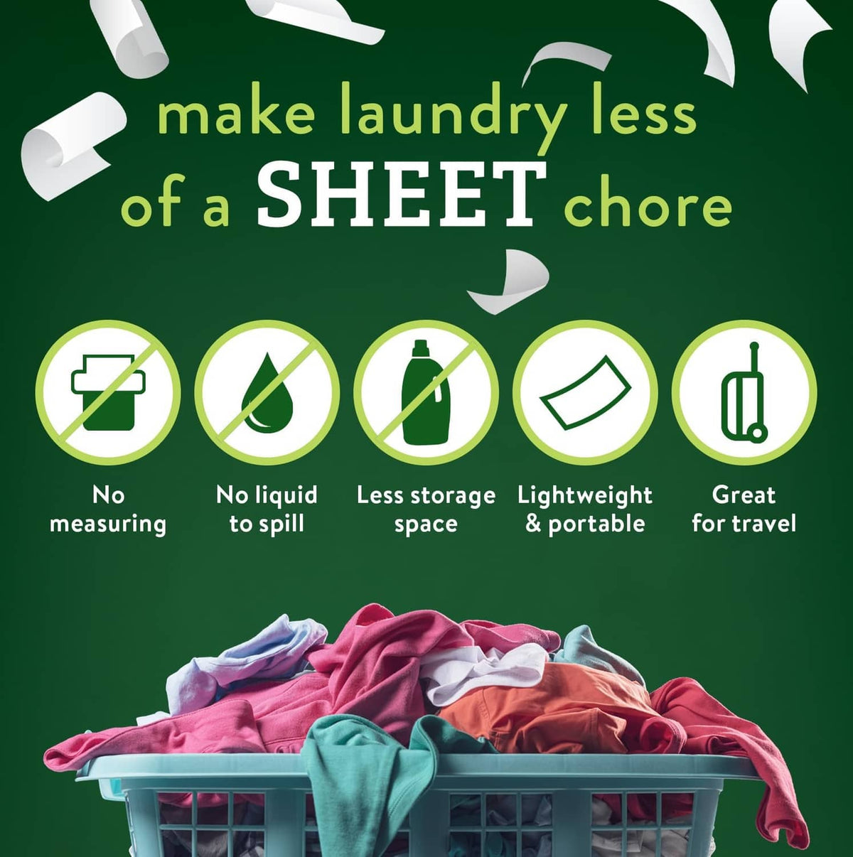 Laundry detergent sheet marketing panel with icons for no mess and lightweight portable use