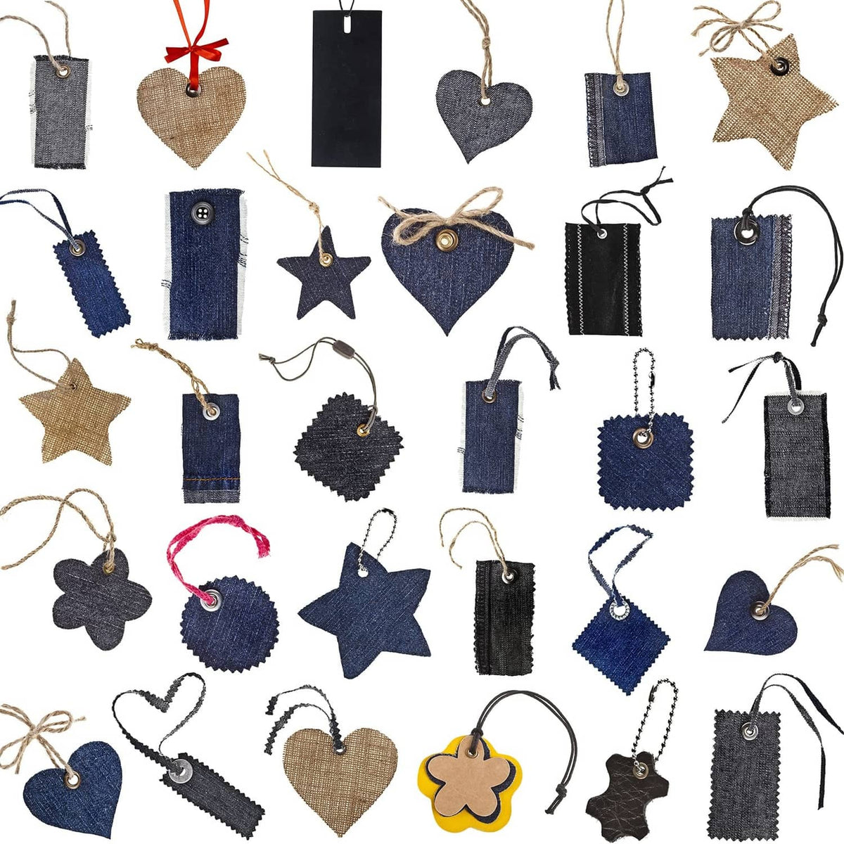 Assorted hanging gift tags in fabric shapes, with cords and metal eyelets
