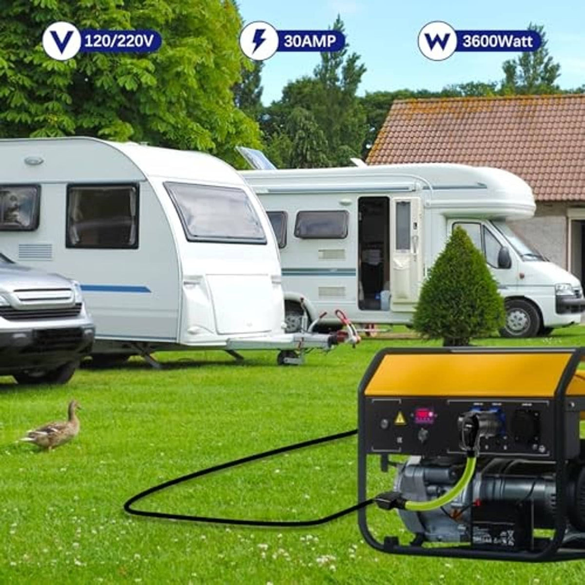 Black 3-prong generator adapter plug connected to power cord outdoors