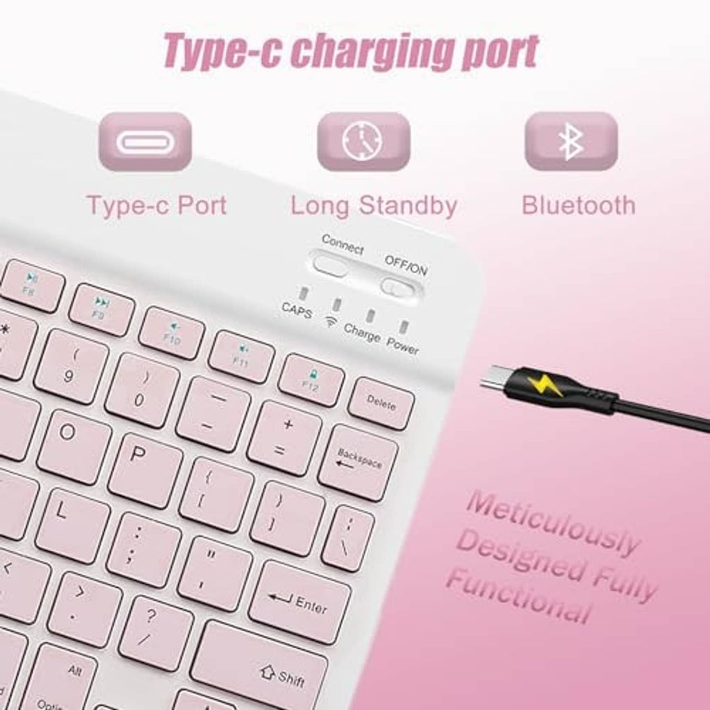 Pink keyboard keys with Type-C charging port and control buttons shown