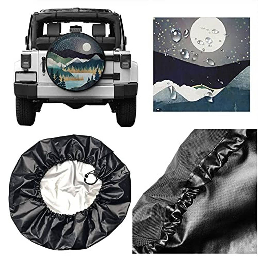 Tire cover with moon and mountains design plus black protective fabric closeups
