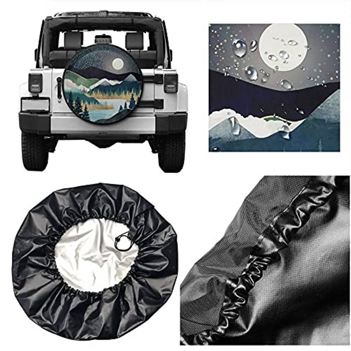 Tire cover with moon and mountains design plus black protective fabric closeups