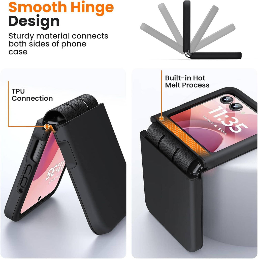 Black folding phone case with smooth hinge design and secure side coverage