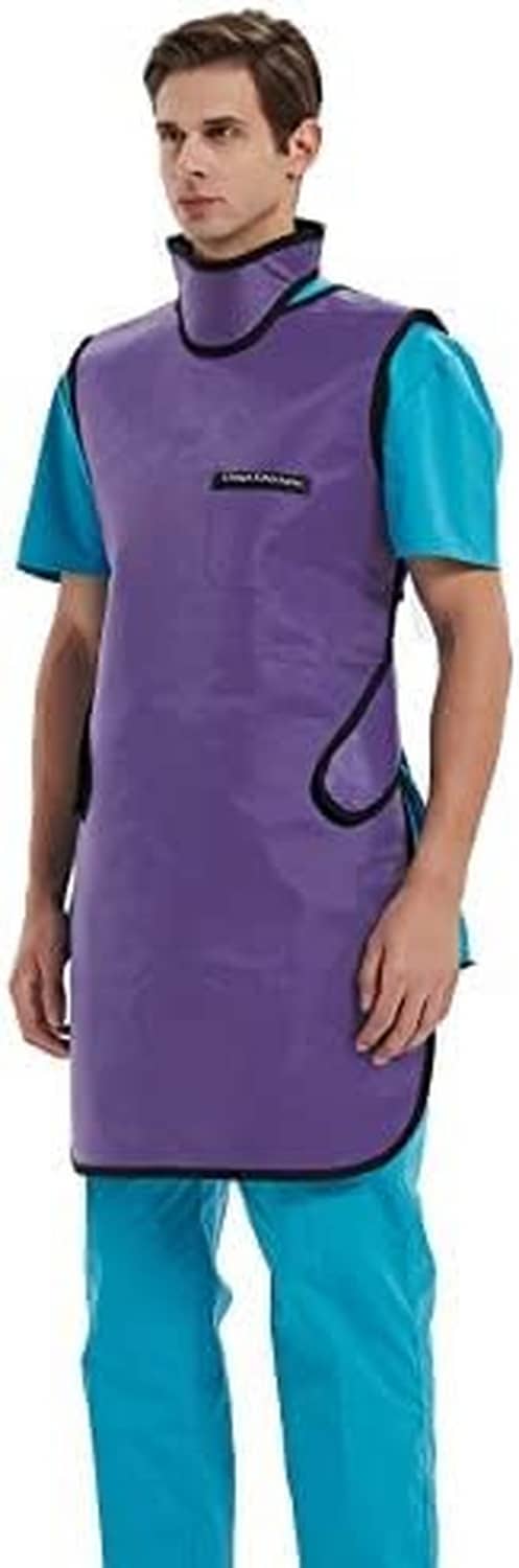 Lead x-ray apron with thyroid collar, purple protective vest with black neck trim, male model.