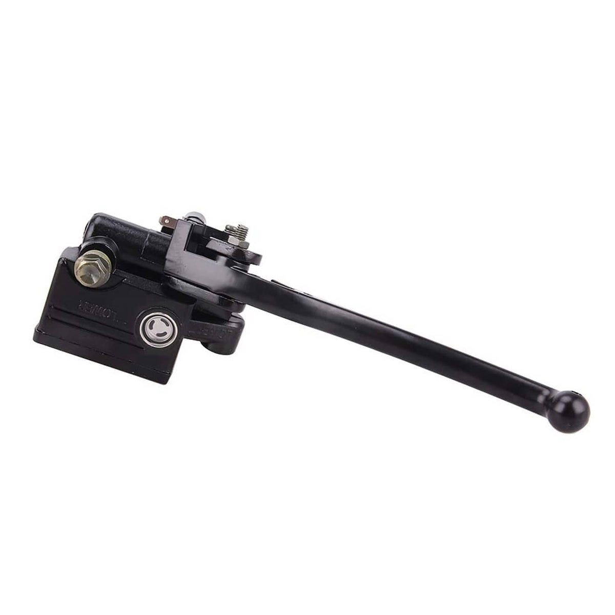 Brake master cylinder with long black lever and top reservoir housing, close-up
