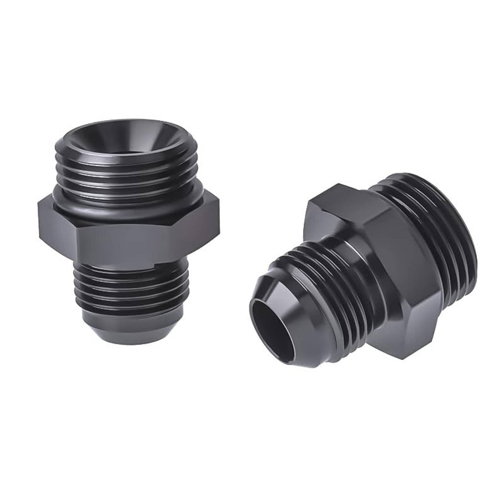 Black AN adapter fitting pair, male flare-to-ORB, side view of threads