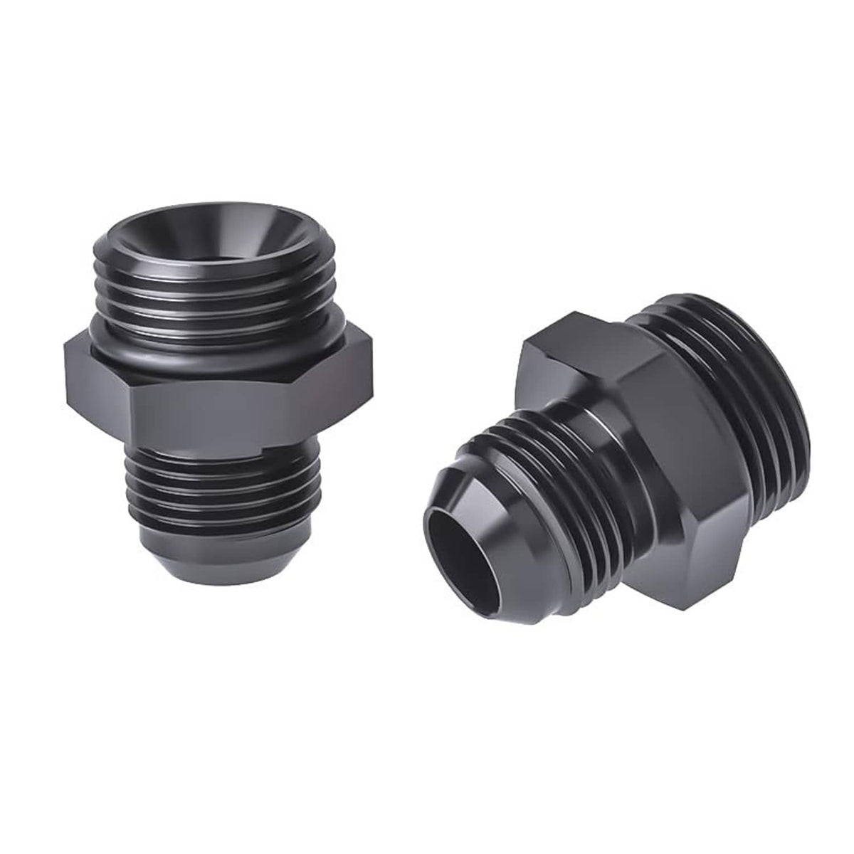 Black AN adapter fitting pair, male flare-to-ORB, side view of threads
