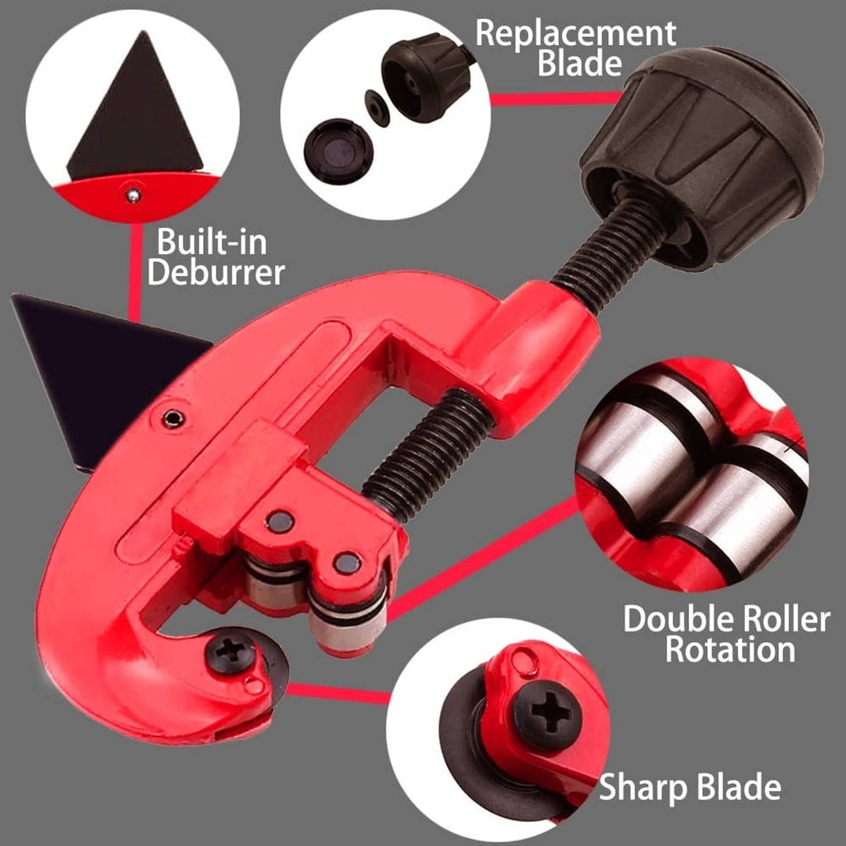 Red golf club shaft cutter head showing built-in deburrer, blade, and double roller parts