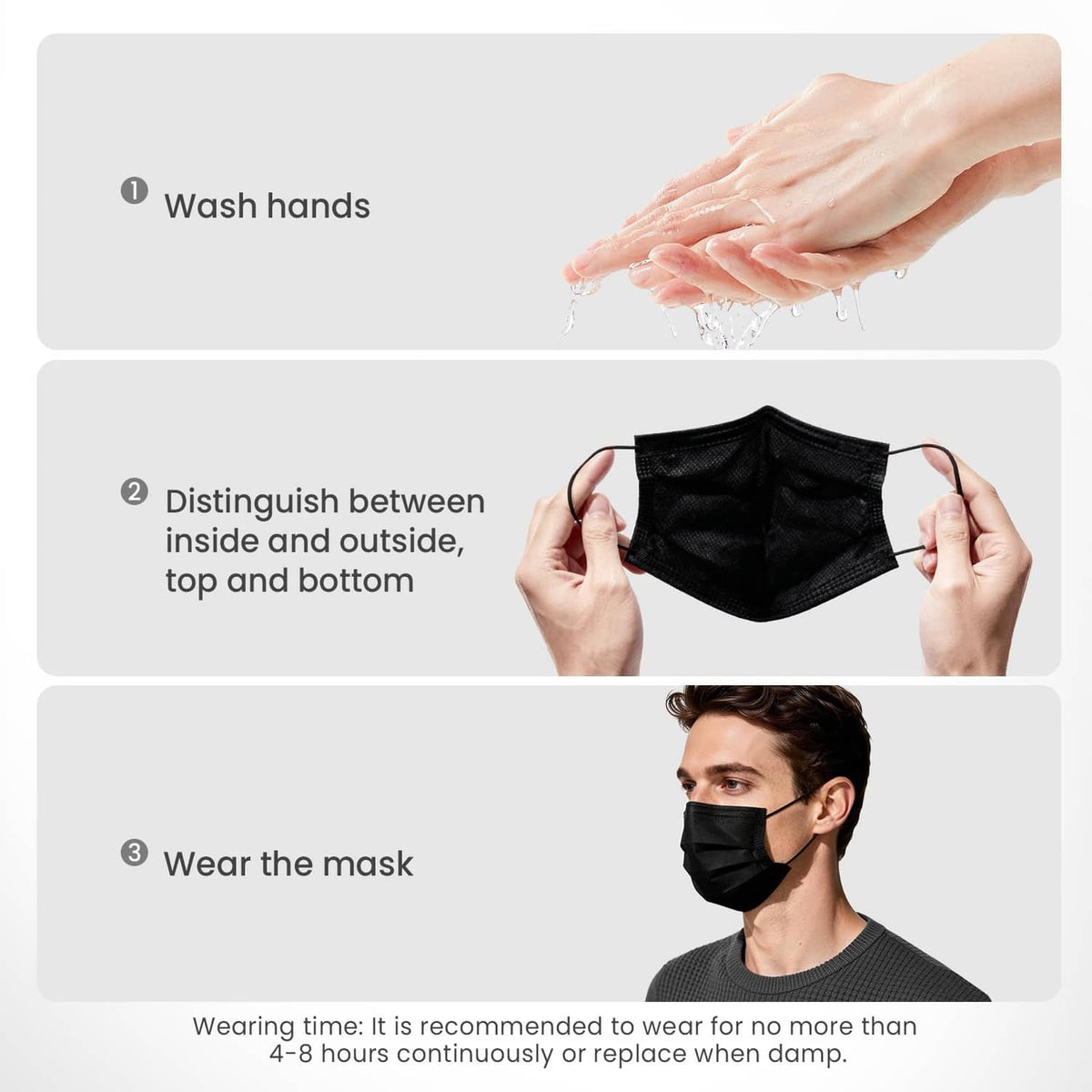 Black 3-ply disposable face mask with elastic ear loops shown on hands
