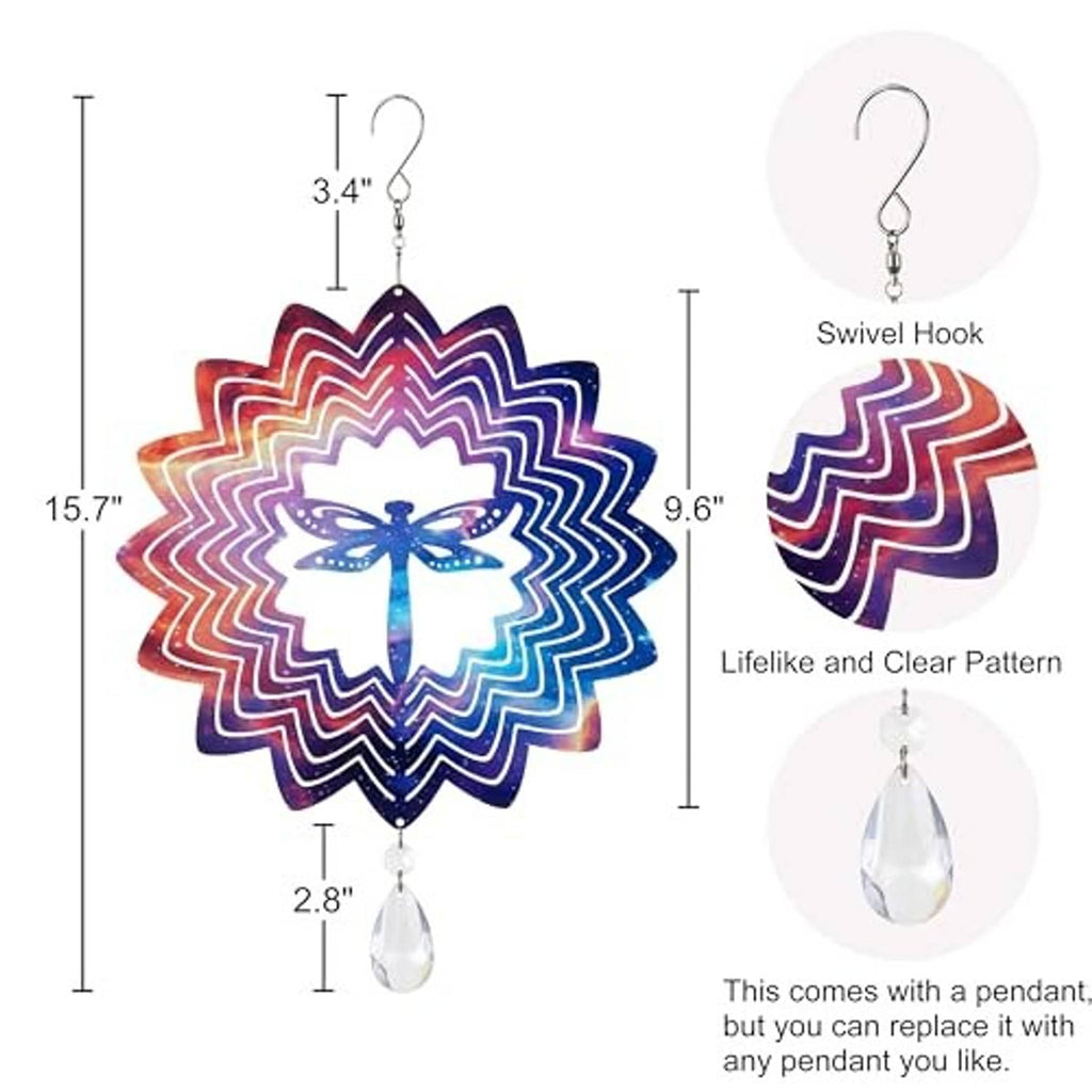 3D butterfly wind spinner with metal swivel hook and clear teardrop pendant