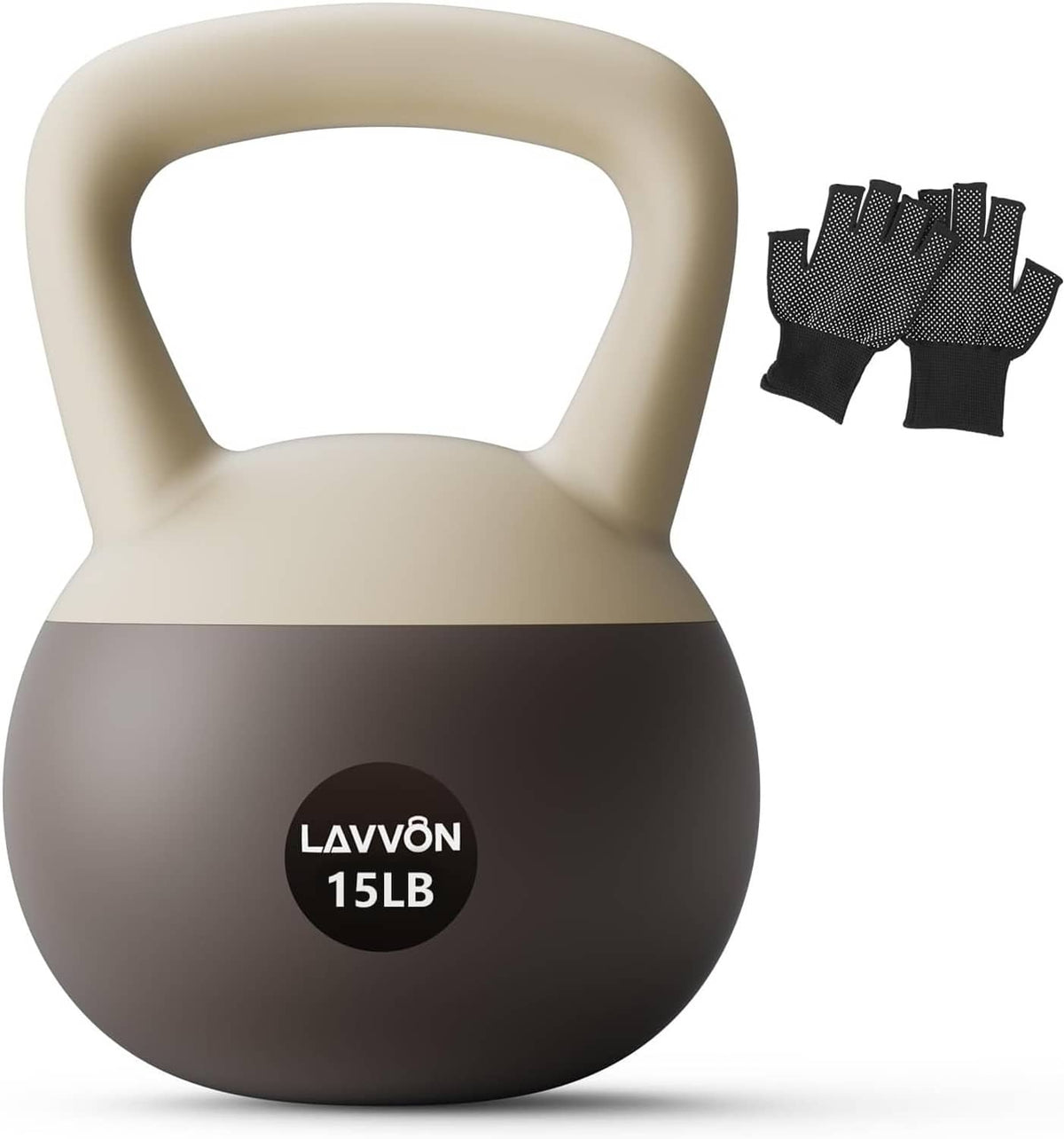Cushioned soft kettlebell with cream handle and dark padded base, LAVVON 15LB