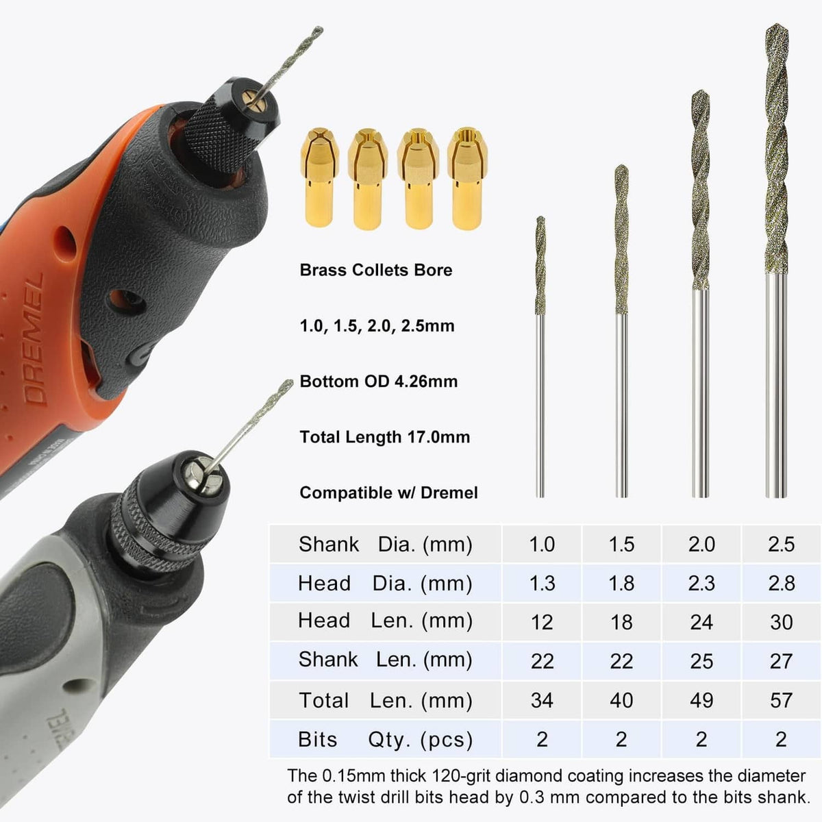 Diamond drill bit set with rotary tool; brass collets and silver diamond bits