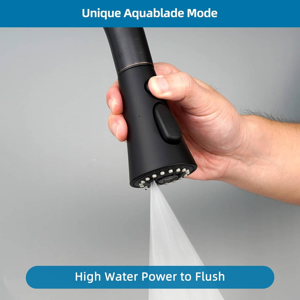 Matte black faucet head replacement held in hand, releasing a steady stream of water