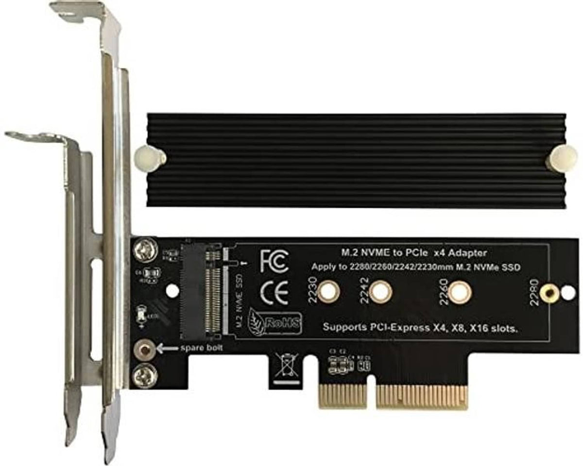M.2 NVMe to PCIe x4 adapter card with black heatsink, PCIe bracket, and gold edge connector