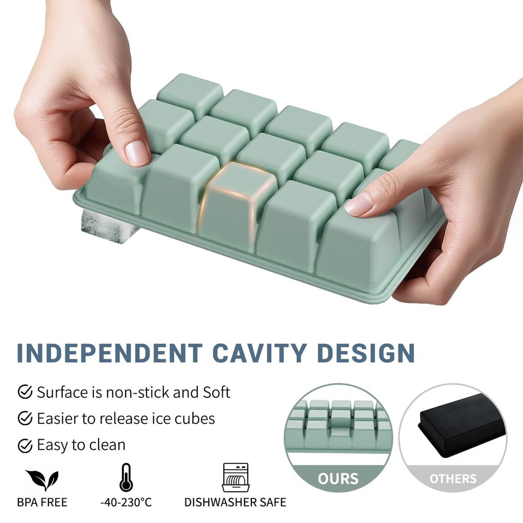 Mint green silicone ice cube tray with 16 cube cavities, shown being held