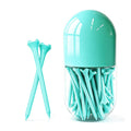 Blue plastic golf tees in a clear dispenser, multiple pointed prongs visible