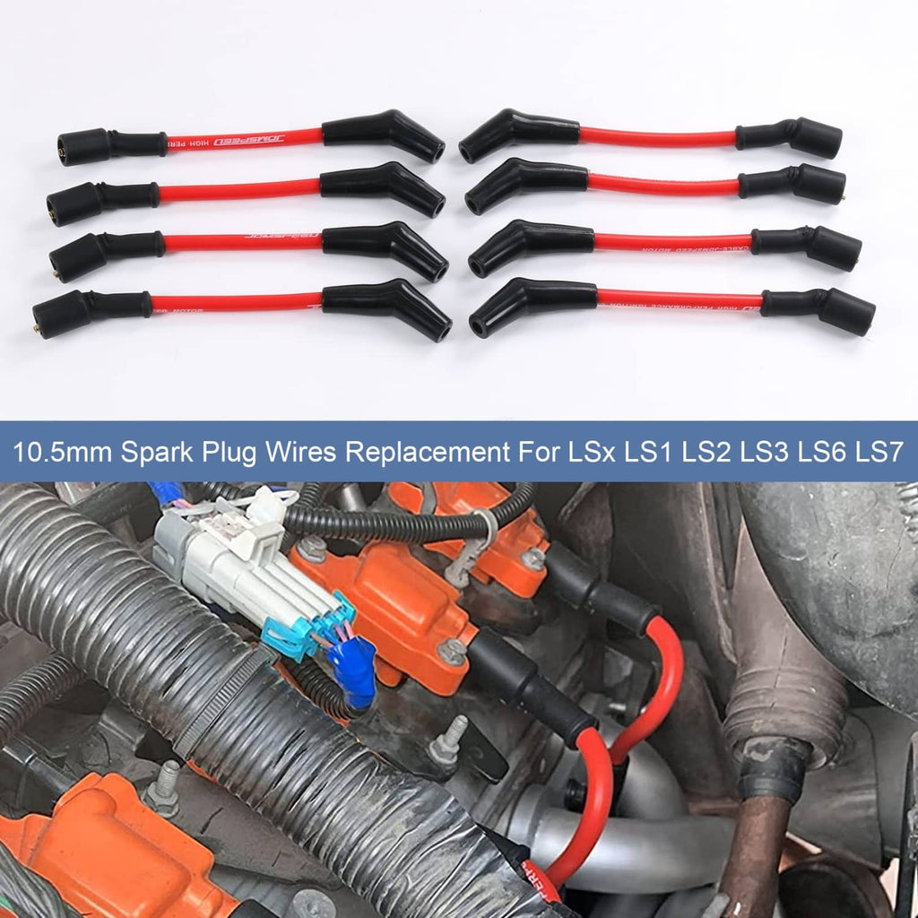 Spark plug wire set installed on engine with red cables and black boots