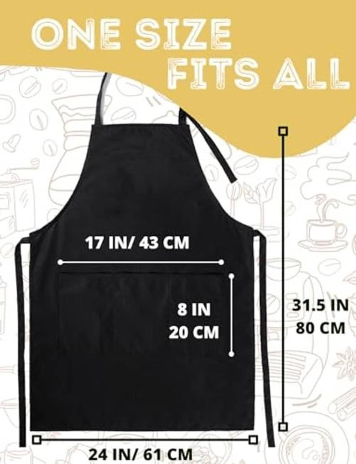 Black coffee apron size chart: 24 in wide, 31.5 in long, adjustable neck and waist ties