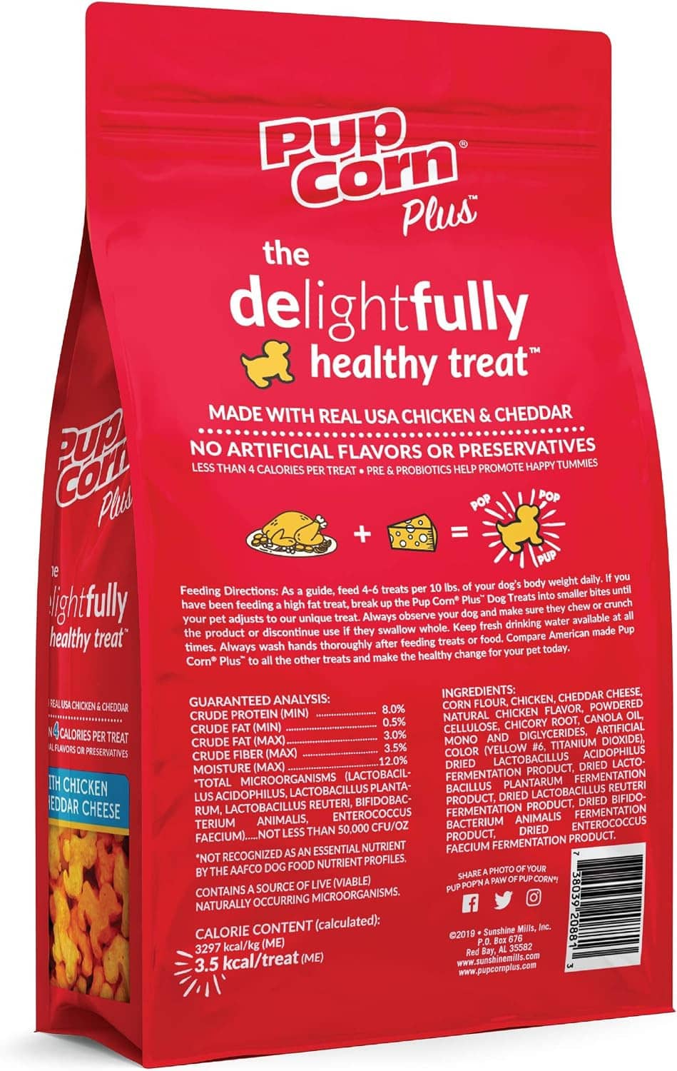 Pup Corn Plus dog treat bag, red with white delightfully healthy treat text