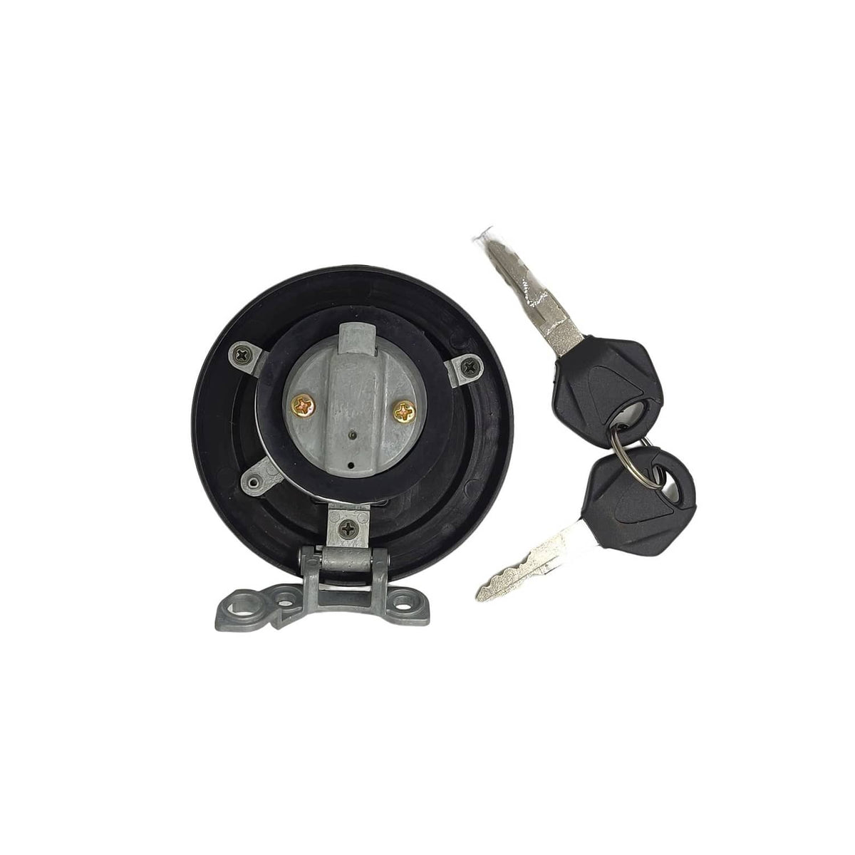 Gas cap lock cylinder with metal base and two keys