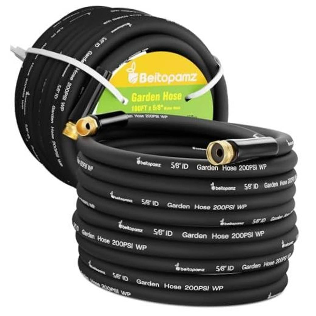 Black coiled garden hose with brass ends, 5/8 in heavy-duty water hose.