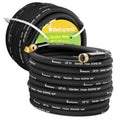 Black coiled garden hose with brass ends, 5/8 in heavy-duty water hose.