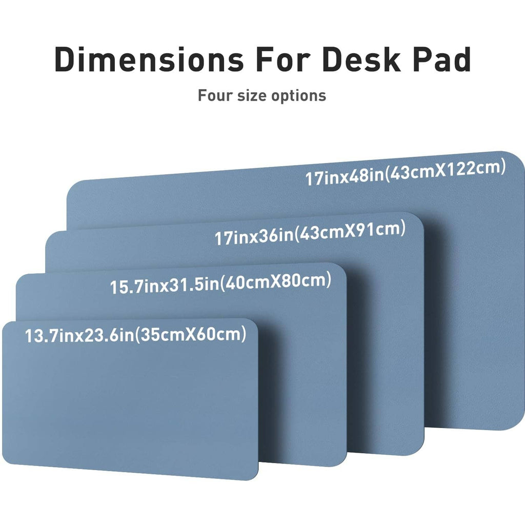 Denim blue desk pad protector in multiple size options shown as layered outlines